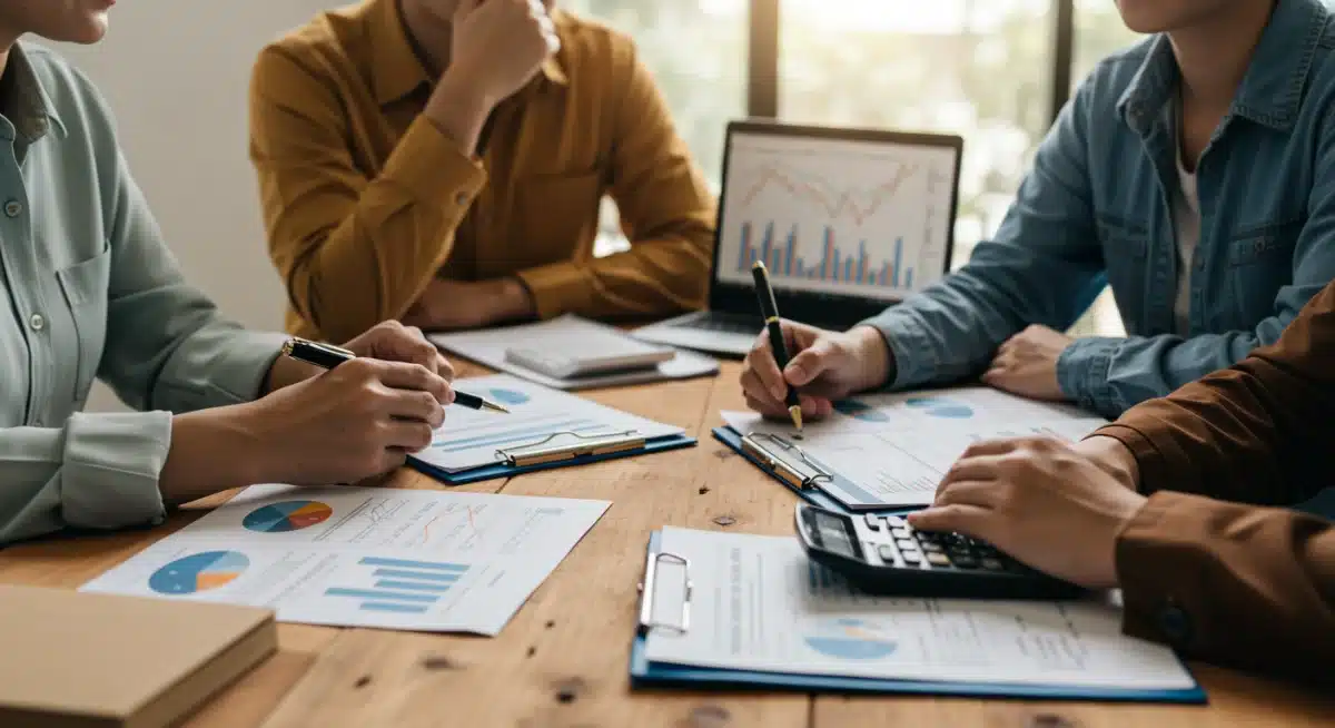 Group of people discussing economic reports and consumer spending trends, looking worried about future implications.