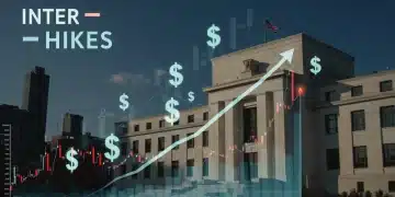 Federal Reserve building with rising interest rate charts and investment graphs
