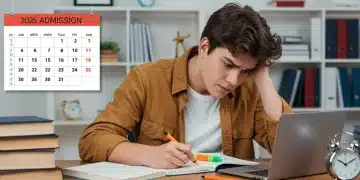 Student intently studying with books and laptop for standardized test preparation, aiming for 2025 admissions