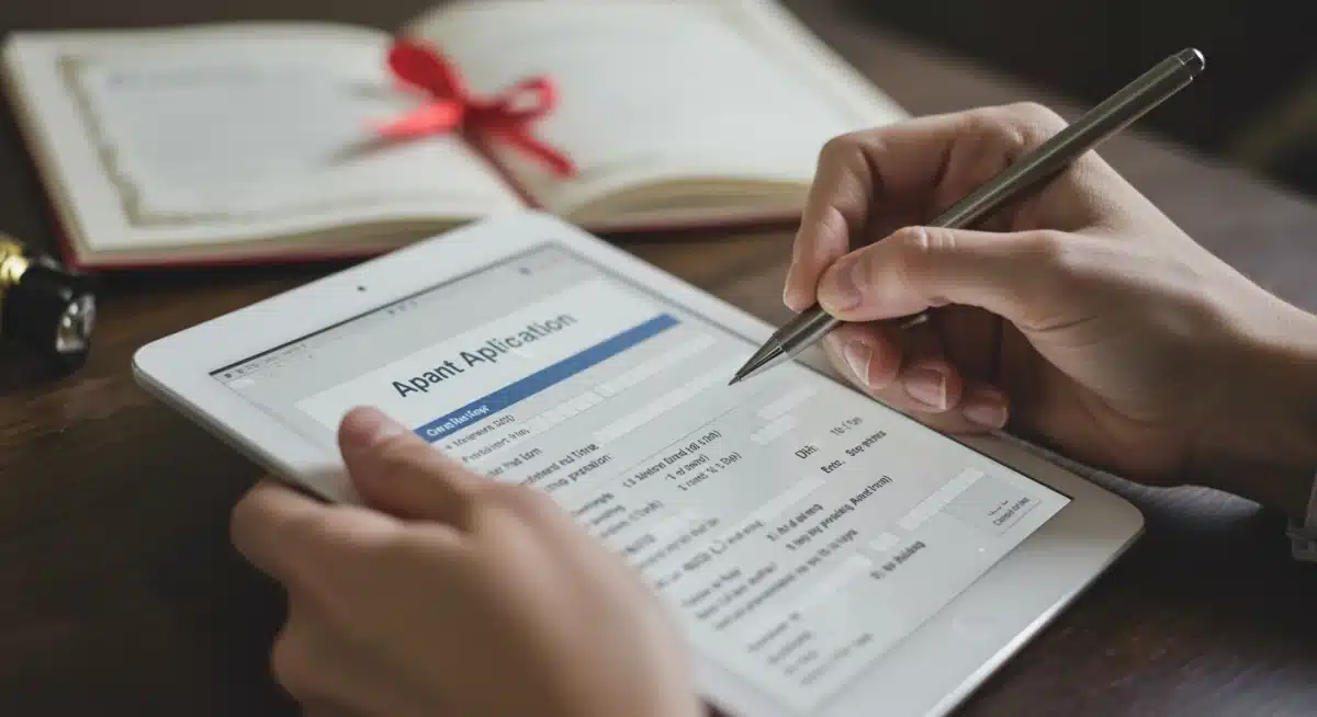 Hand completing an online federal grant application for adult education.