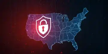 Digital lock and shield over US map, symbolizing cybersecurity alert