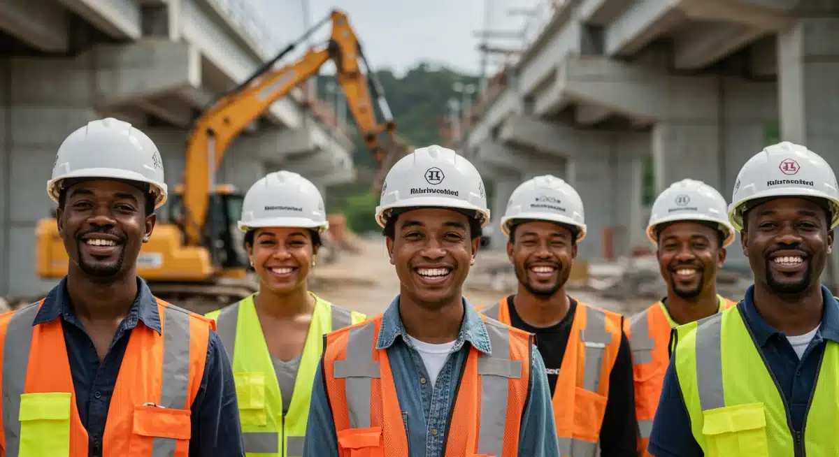 Diverse construction workers on a bridge site, symbolizing new job opportunities.