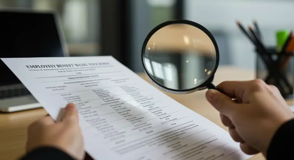 Magnifying glass examining employee benefits document