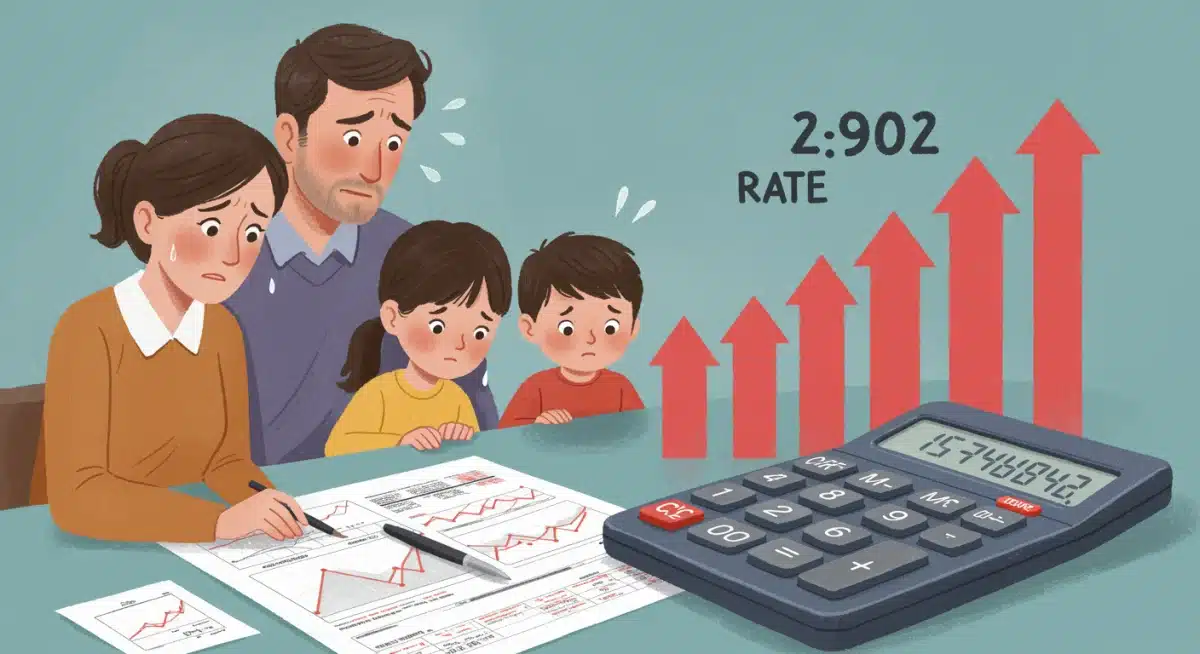 Family reviewing financial statements with rising mortgage costs, illustrating interest rate impact.