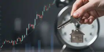 Hand holding house key with rising financial graph, symbolizing Federal Reserve rate hike impact on mortgages.