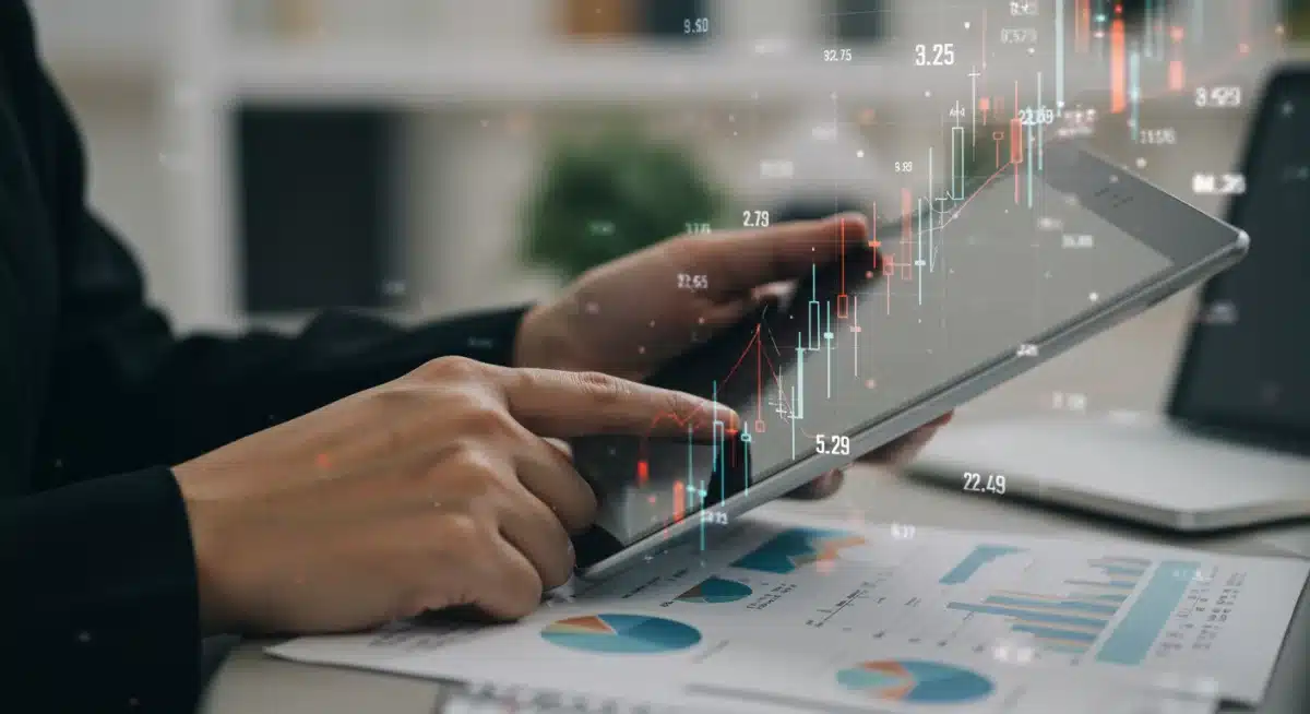 Individual analyzing financial data on a tablet