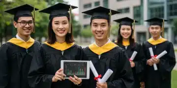 Recent graduates discussing federal student loan repayment plans on campus