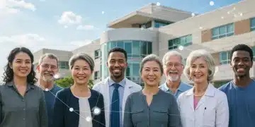 Diverse Americans smiling confidently before a modern hospital, representing new healthcare reforms in 2025.