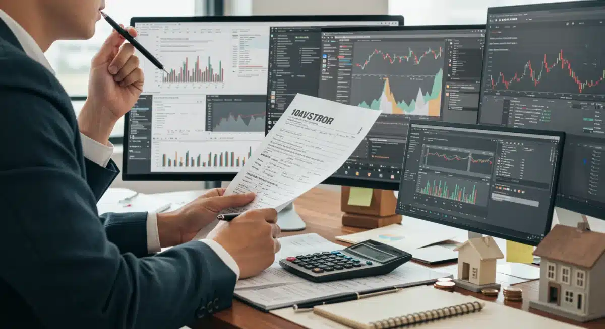 Investor analyzing financial data and tax forms to understand 2025 capital gains impact.