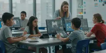 Students and teachers interacting with AI tools in a modern K-12 classroom