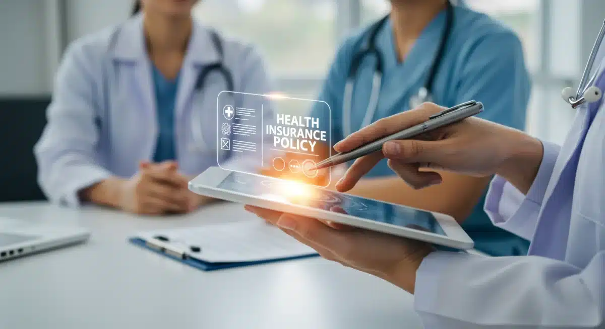 Hand holding tablet with health insurance documents, symbolizing new policy understanding.