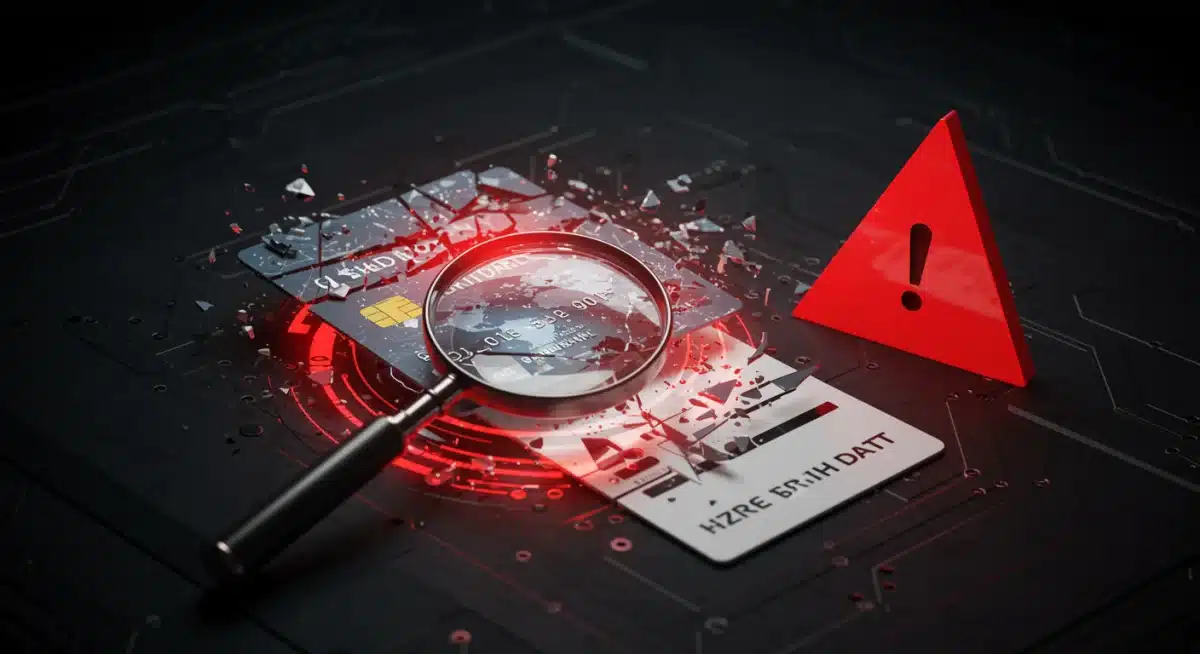 Fragmented digital data and credit card, symbolizing a data breach
