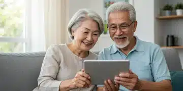 Smiling retired couple reviewing their finances on a tablet, symbolizing secure retirement planning with Social Security.