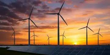Wind turbines and solar panels under a sunset, symbolizing US renewable energy growth.