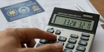 Calculator showing 3.2% increase with Social Security card and retirement benefits statement, symbolizing COLA impact.