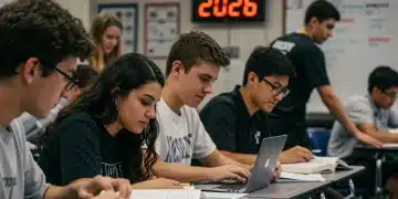High school students preparing for 2026 standardized tests in a modern classroom setting.