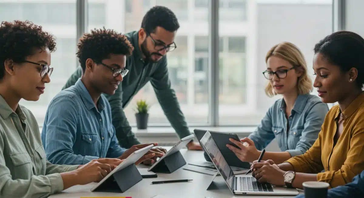 Diverse adult learners collaborating on digital projects to enhance their tech skills.
