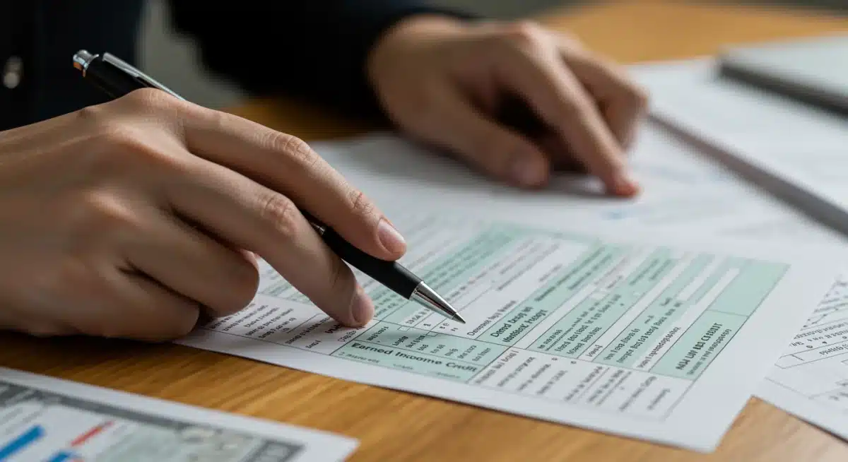 Hands pointing to Earned Income Tax Credit section on a tax form.