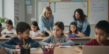 Diverse students in modern classroom with teacher