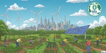 Futuristic city with renewable energy and green spaces, reflecting EPA climate initiatives