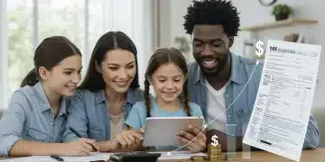 Family reviewing tax documents with a calculator and tablet, symbolizing EITC benefits.