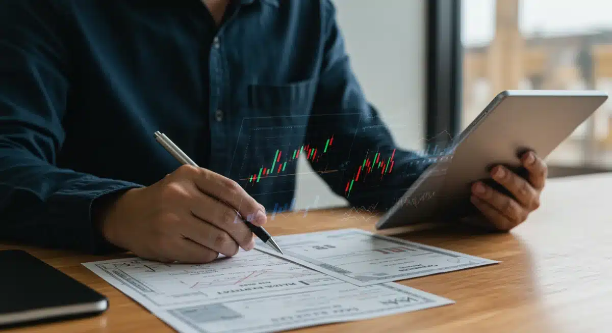 Investor analyzing bond certificates and financial data for fixed income strategy