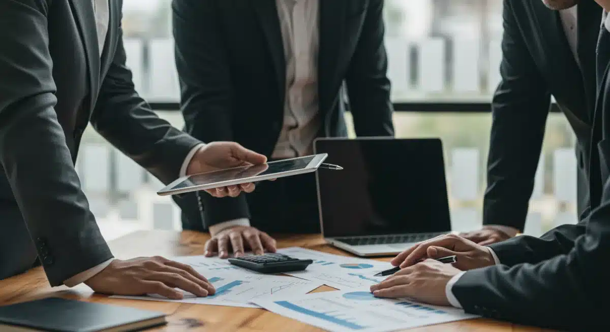 Diverse investors analyzing financial data and discussing strategies for market changes
