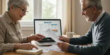 Senior couple reviewing Medicare documents and financial statements at home