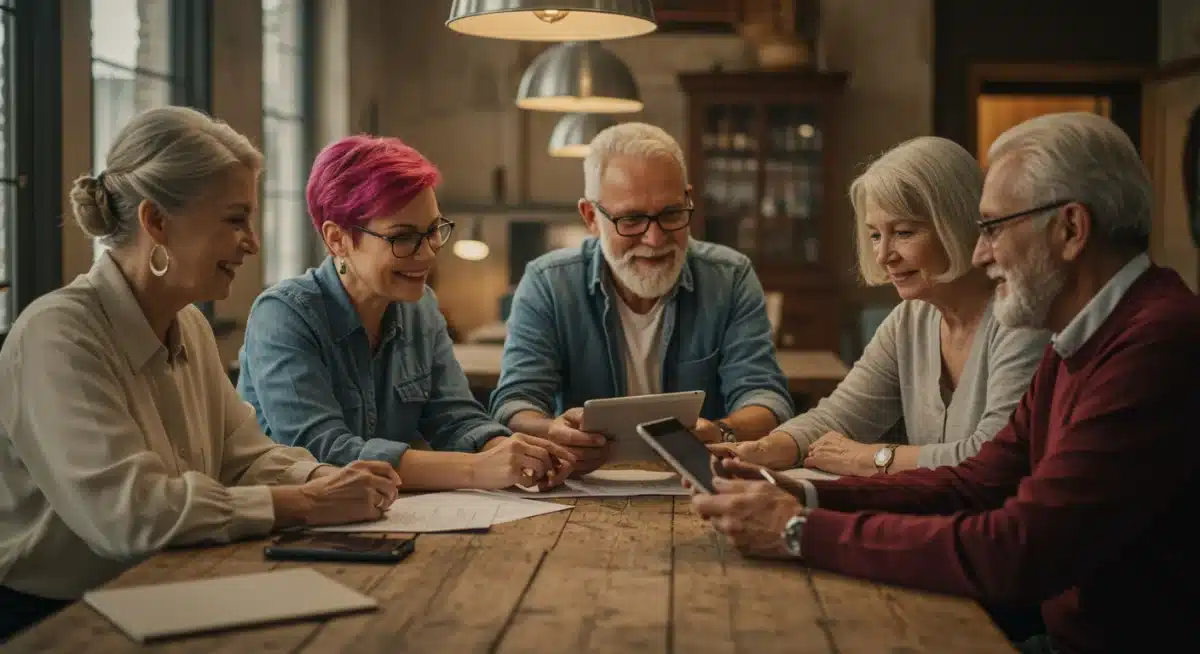 Seniors discussing financial documents and planning retirement benefits.