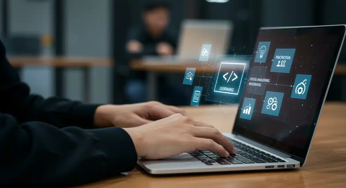 Hands typing on a laptop during an adult skill development workshop.