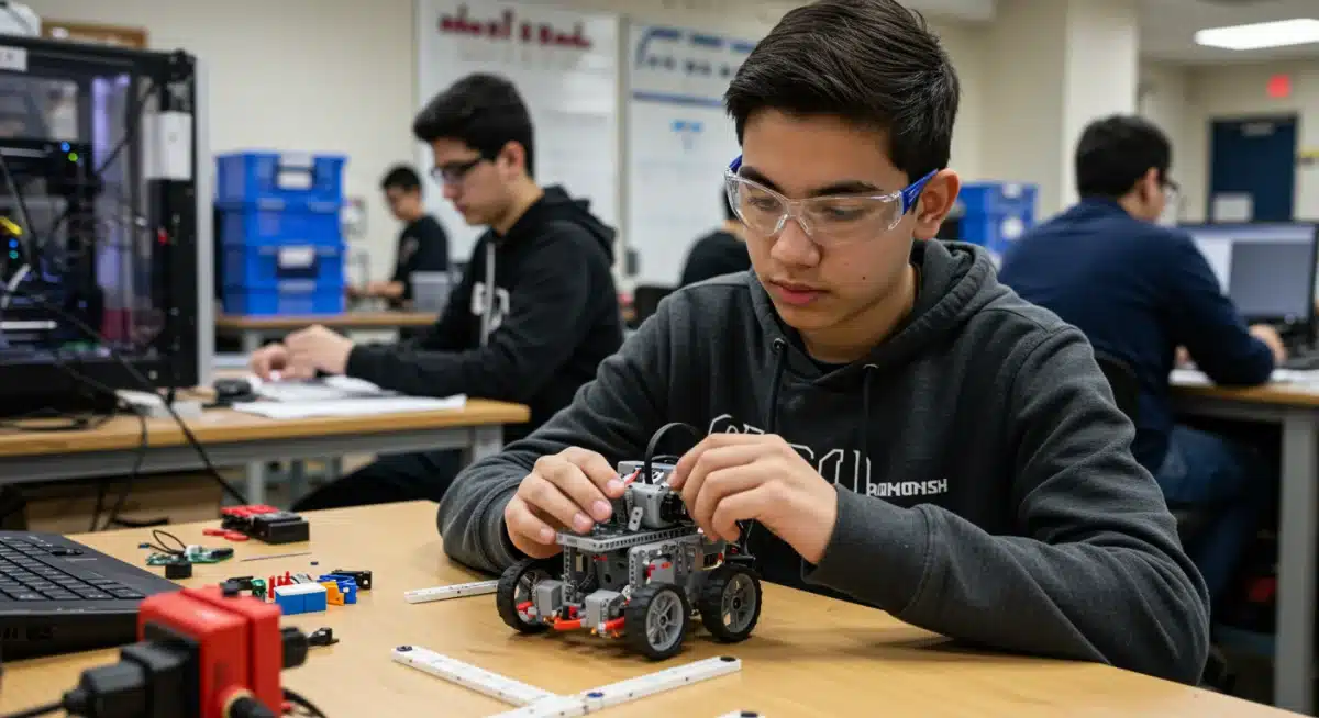 High school student programming a robot in a modern U.S. robotics lab