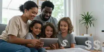 Family reviewing financial documents on a tablet, symbolizing the 2026 Child Tax Credit's financial impact.