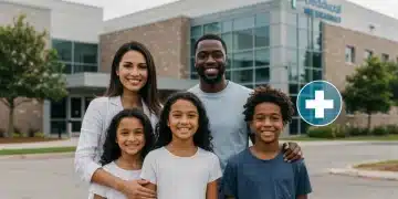 Smiling family in front of a clinic, representing expanded Medicaid benefits in 2026.
