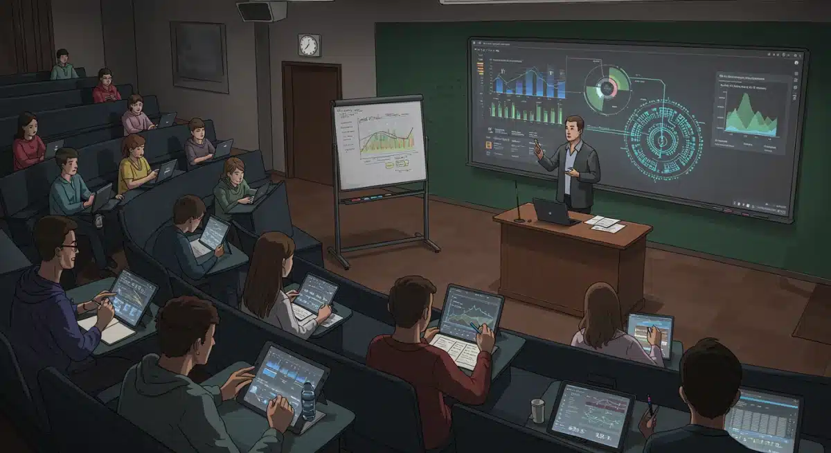 Professor using AI-powered interactive whiteboard in a university lecture hall for enhanced learning.