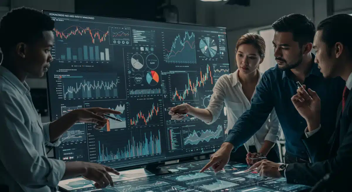 Financial analysts collaborating on algorithmic trading models and market predictions