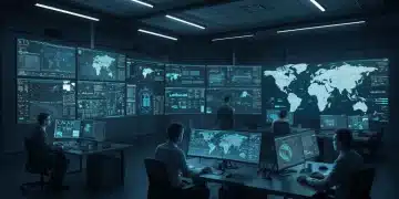 Cybersecurity operations center with threat maps and analysts