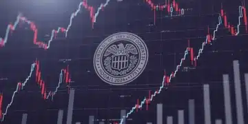 Federal Reserve emblem over economic graphs and data, representing future interest rate policy.
