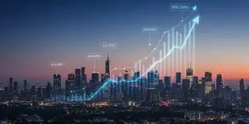 Futuristic cityscape with data overlays showing strong real estate market growth and investment zones for 2026.