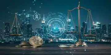 Futuristic digital cityscape with legal scales, representing cryptocurrency regulations and compliant digital asset investing in 2026.