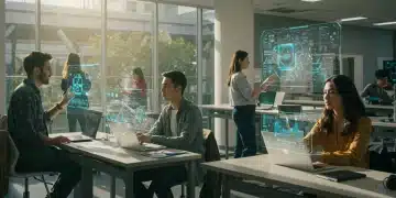 Students interacting with AI-powered learning tools on a university campus in 2026, showcasing advanced educational technology.