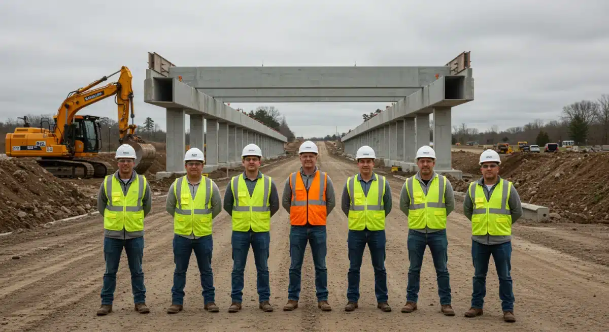 Construction workers celebrating a new bridge project, symbolizing job growth from infrastructure investment.