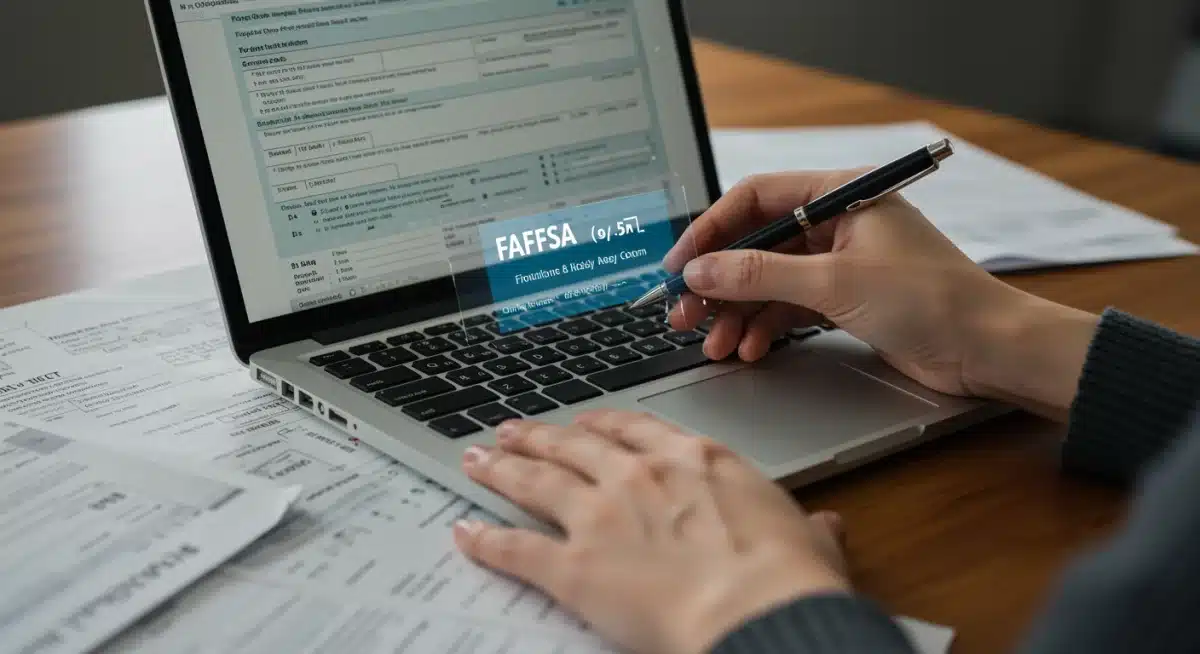 Hand filling out the FAFSA form digitally, surrounded by financial documents.