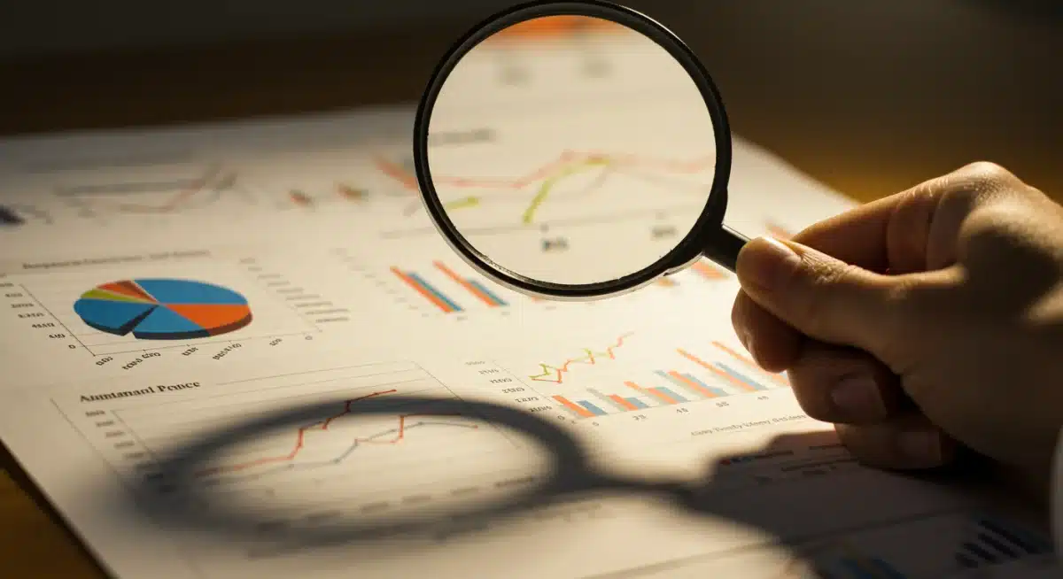 Hand with magnifying glass over financial report, representing economic analysis and fiscal policy.