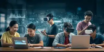 Students and professionals using advanced online learning platforms on diverse digital devices.