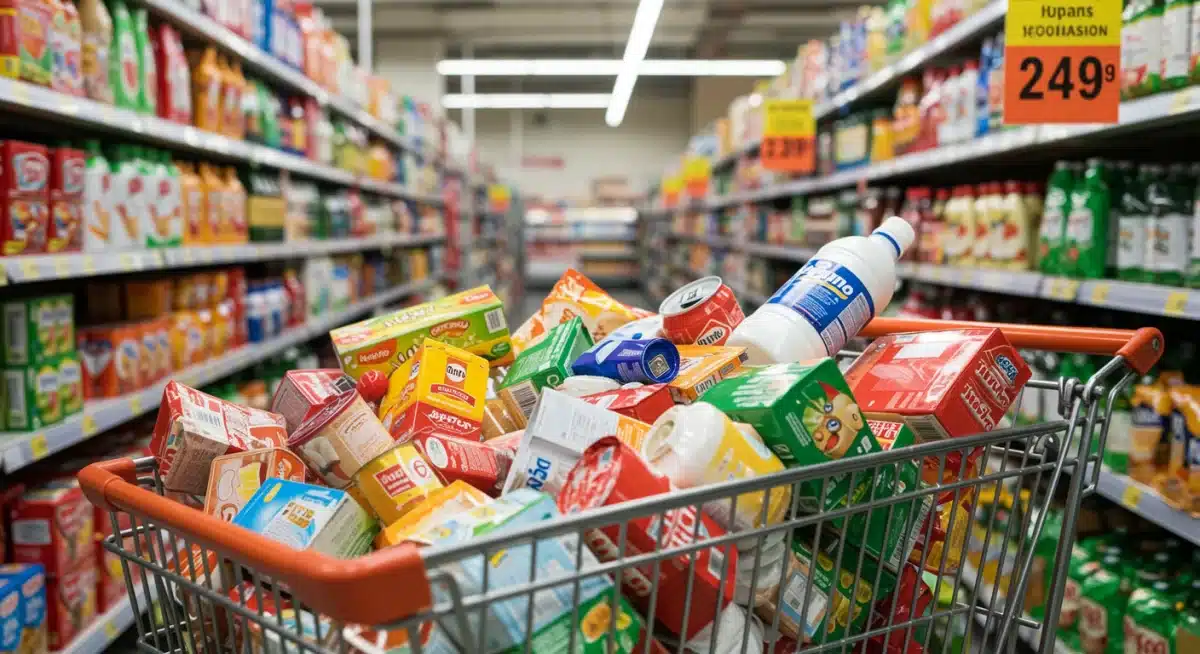 Grocery cart with expensive food items, illustrating the impact of inflation on household budgets.
