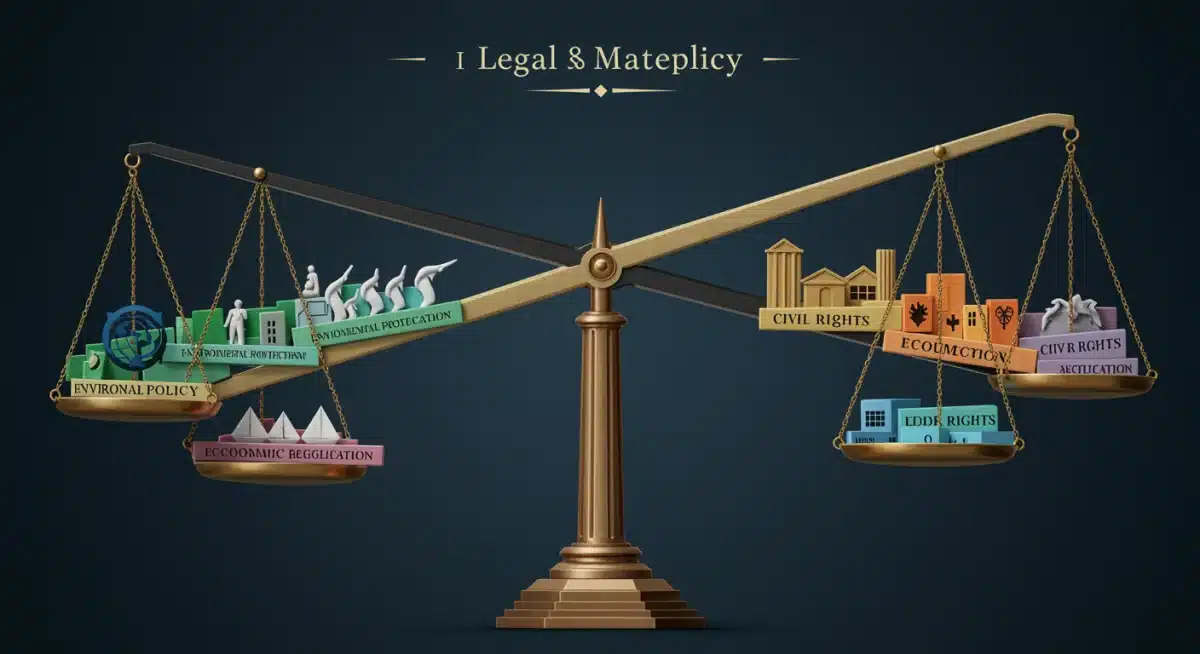 Legal scales balancing environmental, economic, and civil rights policies, representing judicial impact.