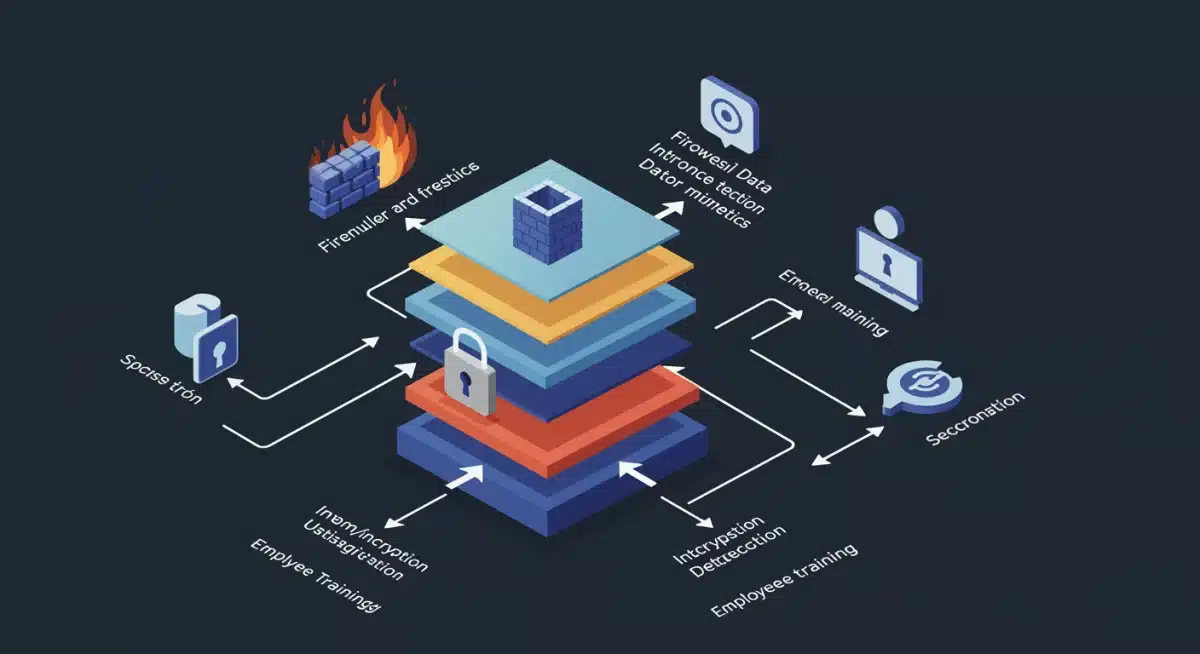 Infographic depicting multi-layered cybersecurity defense strategies
