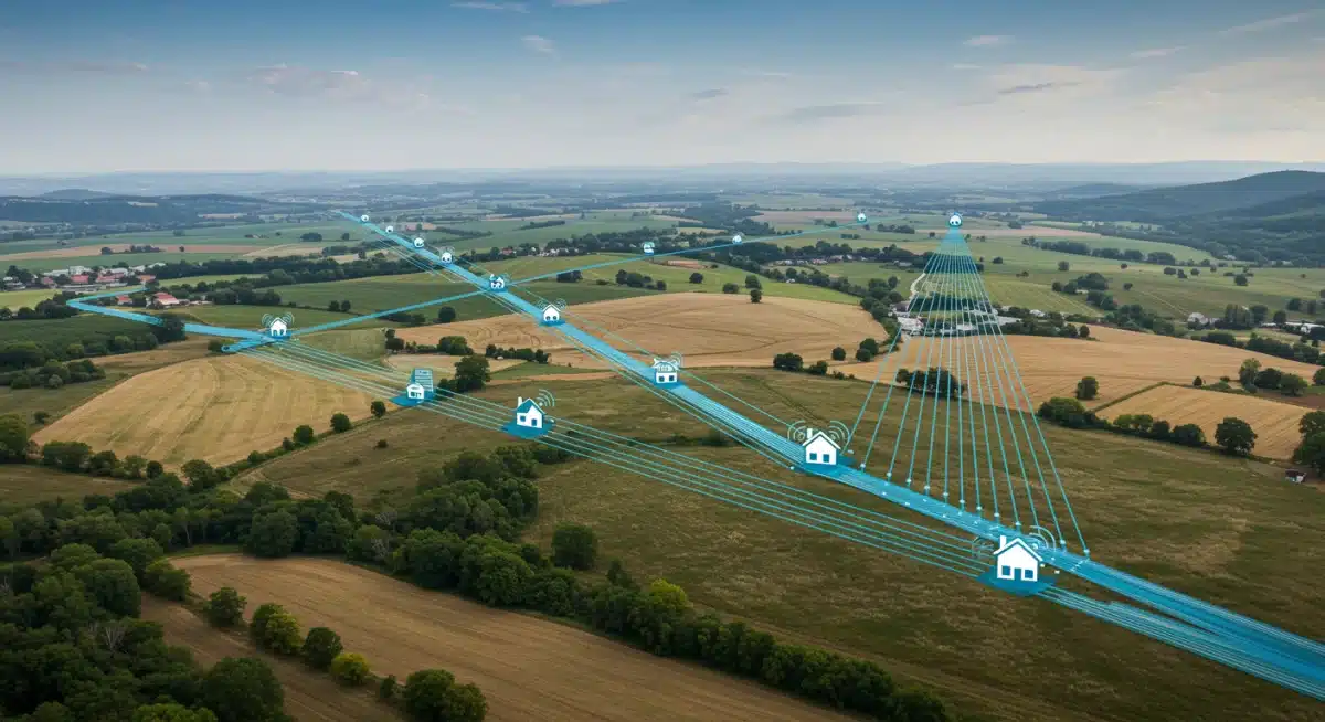 Fiber optic network connecting rural communities, depicting broadband expansion initiatives.