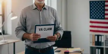 Veteran reviewing VA disability claim documents with determination