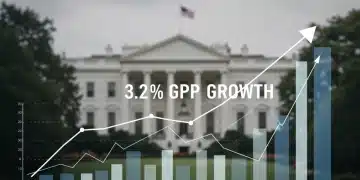 Graph showing 3.2% GDP growth against a White House backdrop, symbolizing optimistic economic projections.